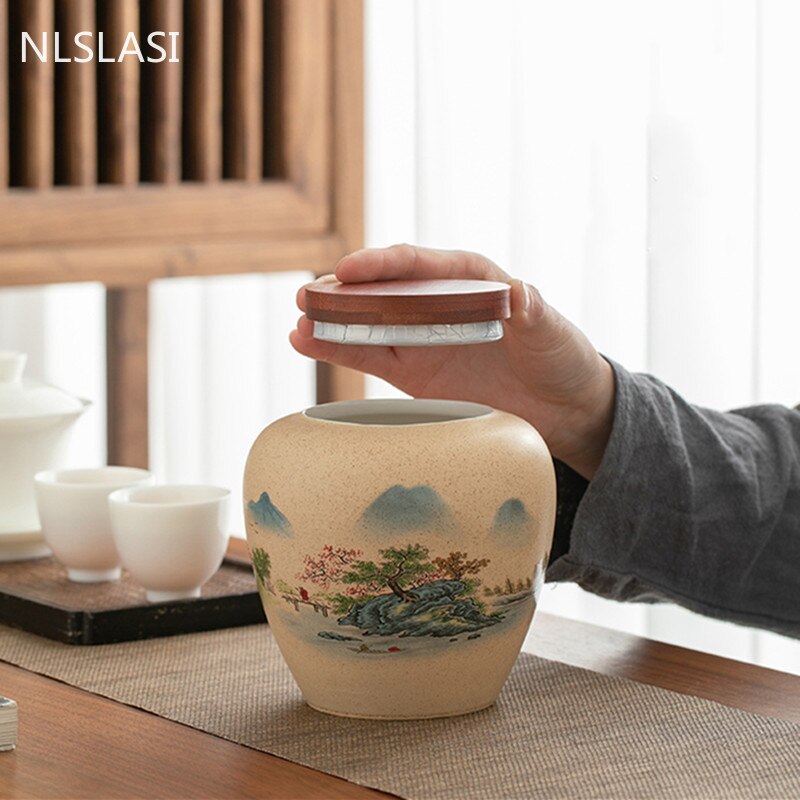 Cerâmica chá caddy padrão paisagem grande capacidade tanque de armazenamento doméstico saco de chá de viagem selado jarra de chá café em pó vasilha