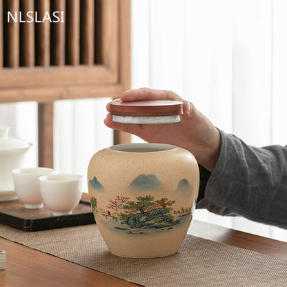 Carrito de té de cerámica con diseño de paisaje, tanque de almacenamiento doméstico de gran capacidad, bolsa de té de viaje, tarro de té sellado, bote de café en polvo