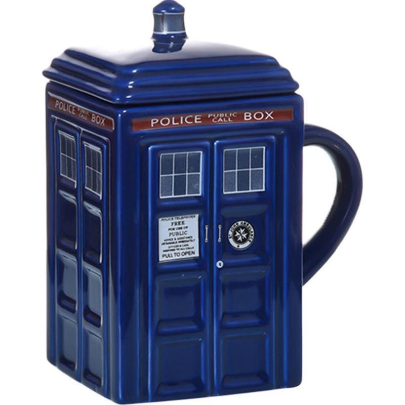 Doctor Who Tardis Creative Police Box Taza Taza de té de cerámica de cerámica divertida con caja de regalo de cuchara en bebidas azules y de leche en taza de desayuno