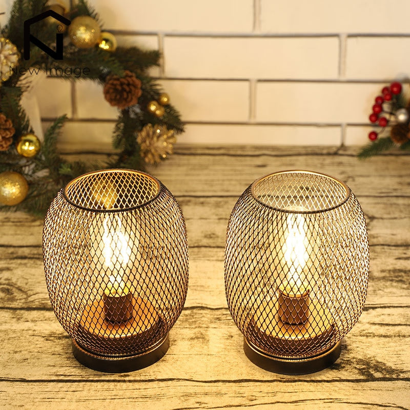 2Pcs Metal Cage Table Lamp Round Shaped LED Lantern Battery Powered Cordless Lamp for Weddings Party  Home Decor Candle Holder