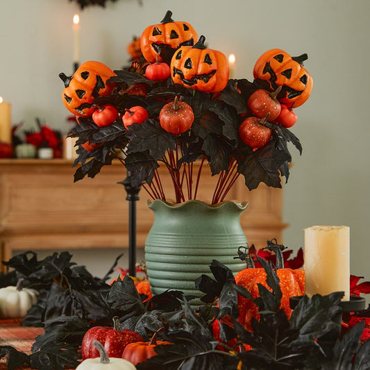 ハロウィーンの偽の笑顔の顔カボチャシルクメープル葉パーティーのためのブーケの葉の感謝祭の日ホーム暖炉テーブル秋の秋の装飾