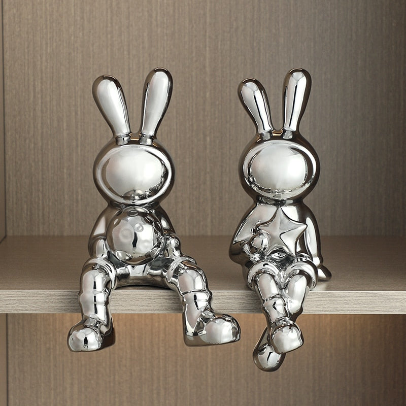 Elektroplätering av kaninuppsättning med 2 st skulptur för heminredning kontorsdekoration vardagsrumsdekor djurstaty 2023 kanin