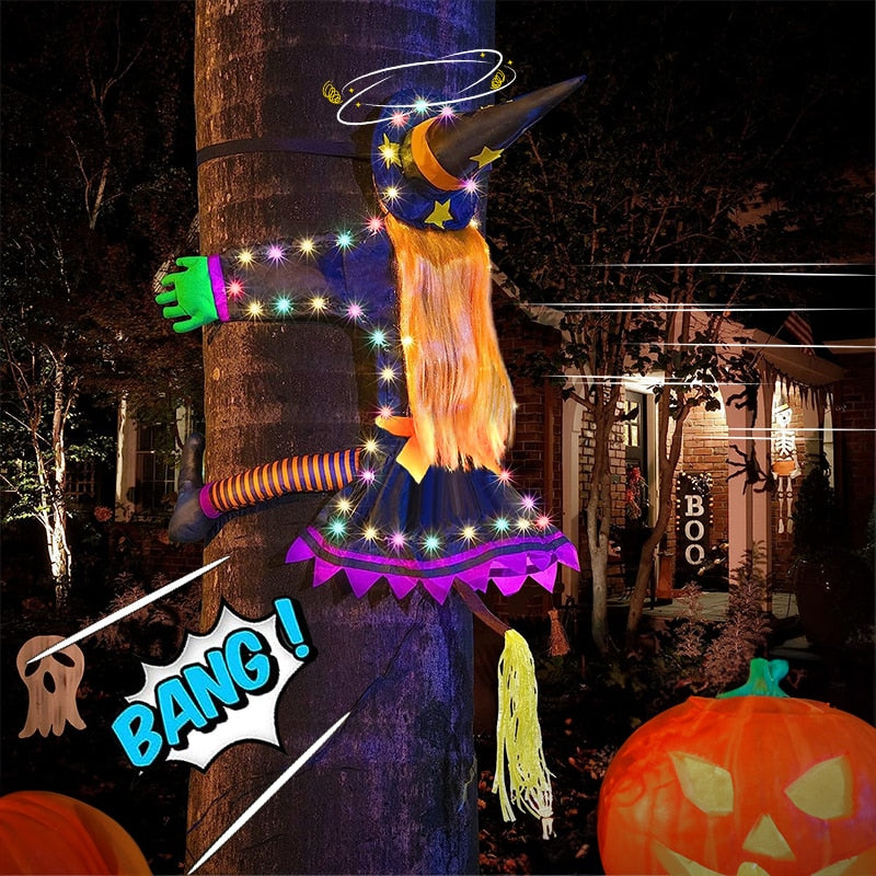 2 Modes Halloween Crashing Witch into Tree Decoration Halloween Light Up Hanging Decorations with Glowing Luminous Warning Sign