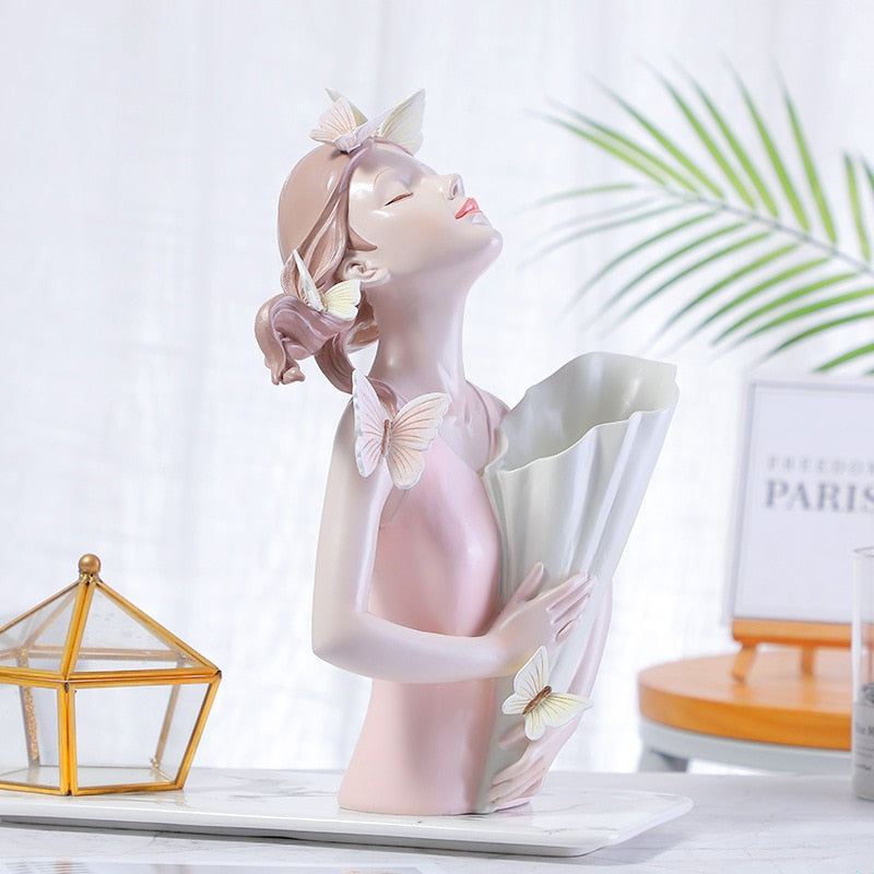 Nordic Butterfly Girl Vas Resin Crafts Creative Home Decoration Desktop Soft Dekorasi Cahaya Mewah Bunga Dekorasi Bunga