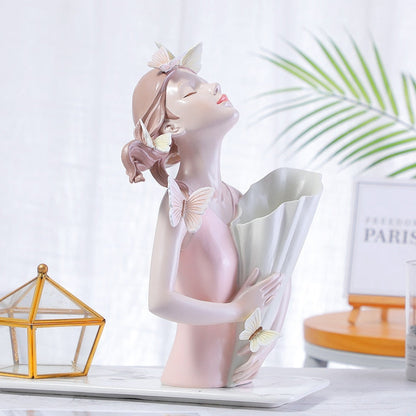 Nordic Butterfly Girl Vase Resin Crafts Hiasan Rumah Kreatif Desktop Hiasan Lembut Cahaya Mewah Bunga Hiasan Pot