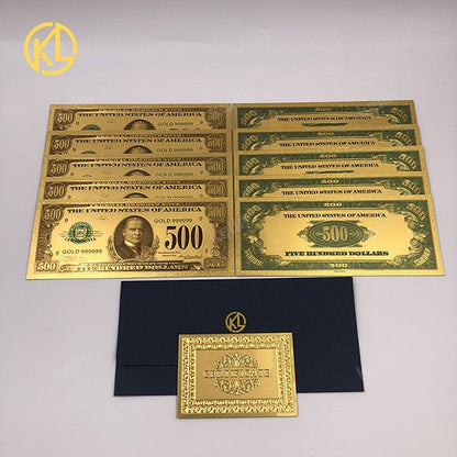 10 piezas/lote USA 100 dólar de oro Platsic Platsic Platsic Bill Bill Estados Unidos de América con sobre para regalos