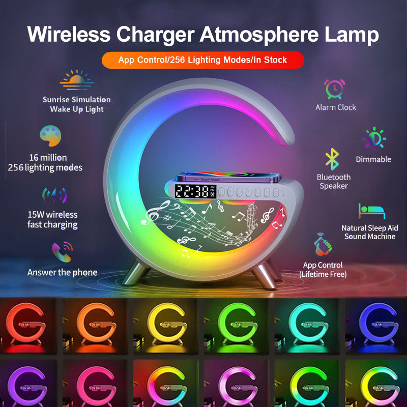Multifunktionales kabelloses Ladegerät, Wecker, Lautsprecher, APP, RGB-Licht, Schnellladestation für iPhone und Samsung 