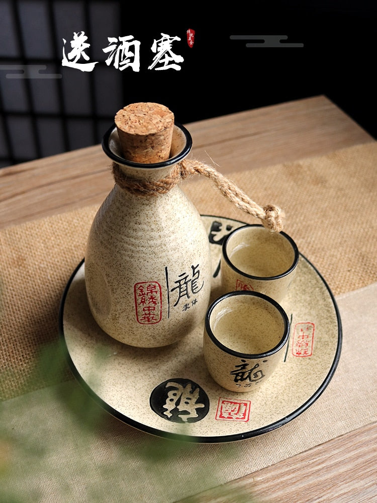 Wineware Set Vintage Sake Yellow White Wine Spirit Spirit Seramic Wine Pot Cup Suit Tradisional Sake Jepun Style
