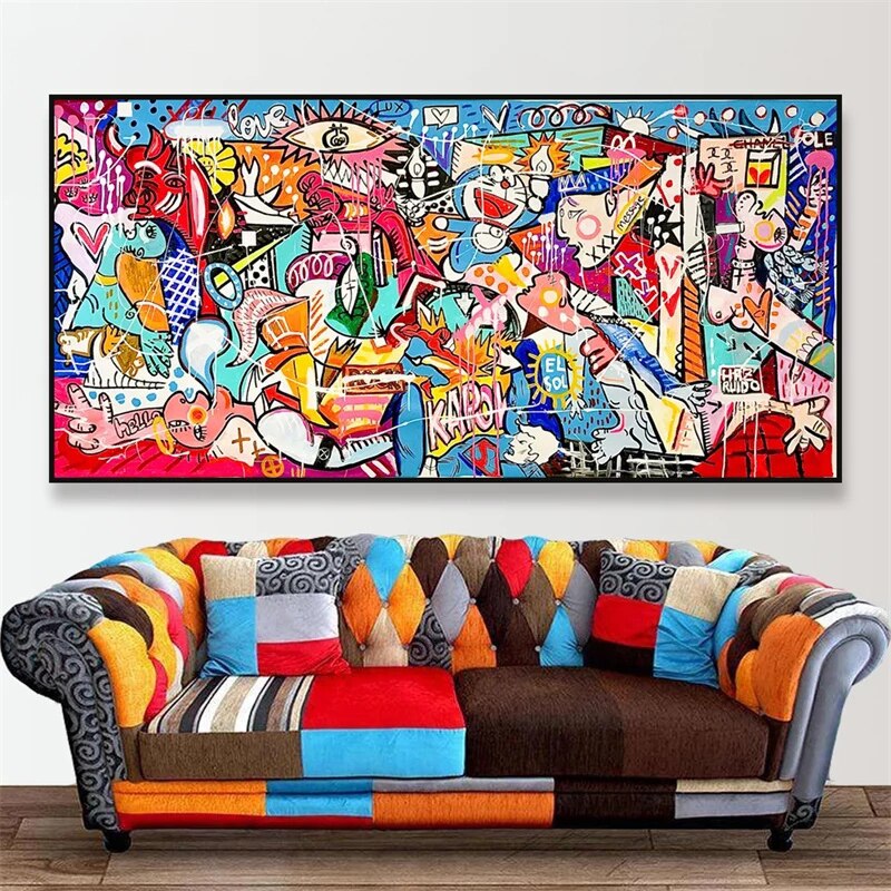 ピカソ有名なキャンバスペインティングゲルニカカートゥーングラフィティアートポスタープリント抽象的な壁アート写真リビングルームホームデコレーション