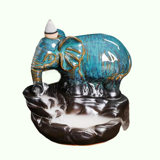 Blå elefant tilbagestrømning røgelse brænder Handicrafts keramisk røgelse Censer Holder Home Ornament Røg Vandfald Bærbar censer