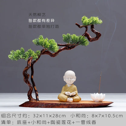 Neue chinesische Art-Desktop-Veranda-Dekoration, Wurzelschnitzerei, willkommene Kiefer, dekorative Kunst, Büro, Weihrauchbrenner-Dekoration 