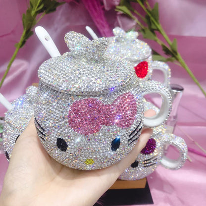 Kreative Tasse im niedlichen Katzen-Stil mit Diamant-Intarsien, luxuriöse Kaffeetasse aus Keramik