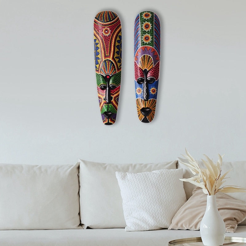 Masque en bois suspendu au mur, sculpture en bois massif peint, décor mural Facebook, décorations de Bar pour la maison, masque Totem africain, artisanat 
