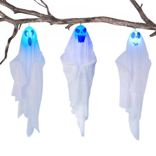 65 * 60 cm Halloween-Geister-Hängedekorationen, Halloween-Hängebeleuchtung, weiße fliegende Geister, Baum, Fenster, Wand, gruselige Verzierung 