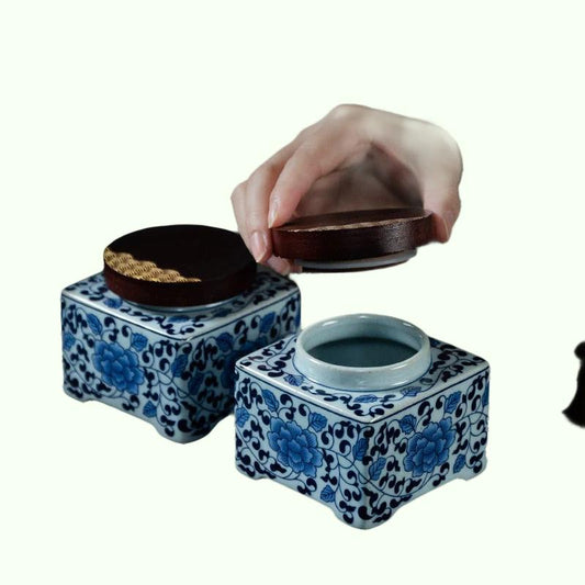 ブルーとホワイトティーキャディーセラミックエアタイトジャー木製カバーモイスチャープルーフティーボックスティーボックスティーコンテナキャンディジャーフードオーガナイザーティー缶