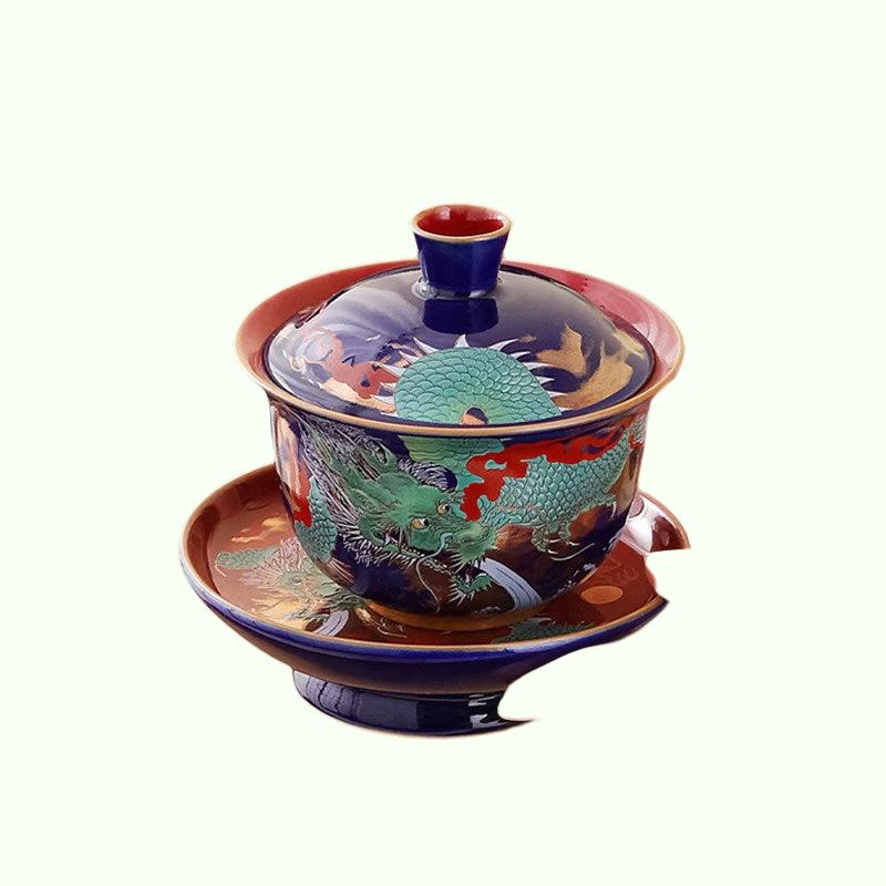 에나멜 컬러 3 카이 가이완 절묘한 세라믹 티 그릇 뚜껑 차 컵 중국 차 세트 선물 고품질 차 Infuser