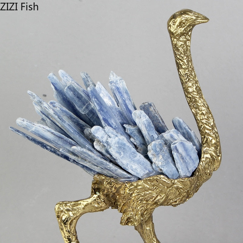 Sculpture d'autruche en laiton et cristal bleu, ornements artisanaux abstraits, mobilier de salon, décoration de bureau, Statue d'art créative