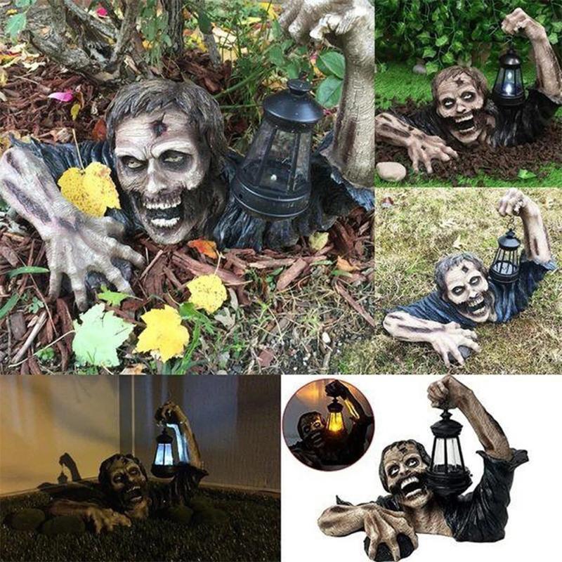 Lanterne de Zombie pour Halloween, décoration d'extérieur créative d'horreur, Statue de Zombie de jardin et de cour avec lanterne à batterie, décoration de pelouse