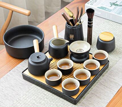 Set di cerimonie del tè in ceramica nera set di tescheri di teiera Kung Fu in stile Zen Set di tè con caddy da tè, set regalo