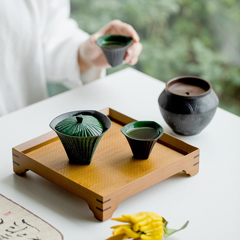 80ml Retro Snow Point Pine Green Ceramic Tea Tureen Creative Stripe Ercai Tea Bowl With Cover Tea Maker Gaiwan Kung Fu Tea Set