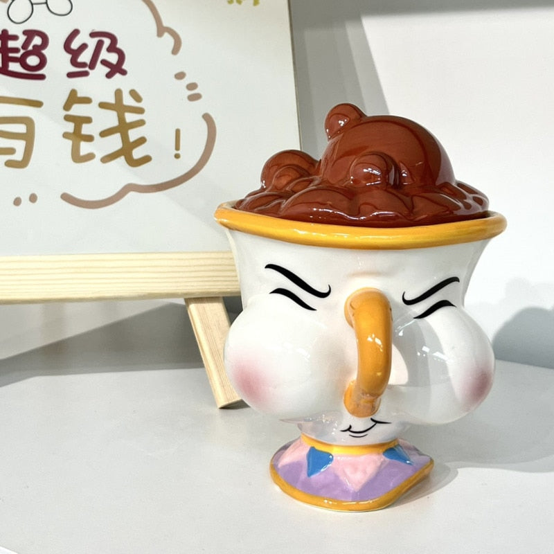 Tasse de dessin animé la belle et la bête, tasse créative en céramique à puce 3D, grande capacité, Statue de puce Kawaii, tasse à café avec couvercle décoratif 