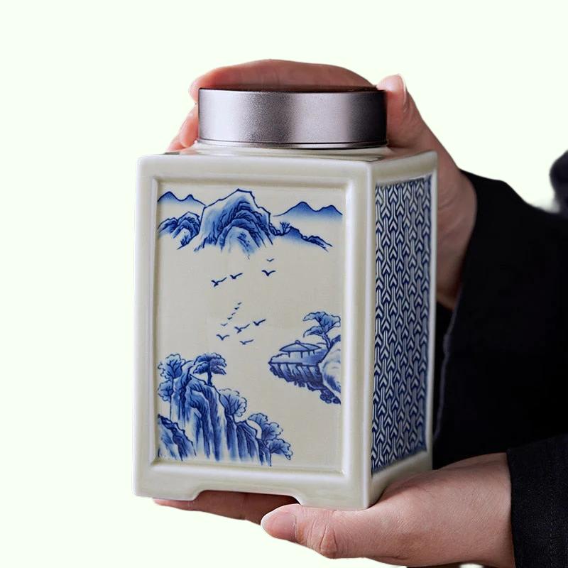 Chinese Square Ceramics Tea Caddy Oolong Tieguanyin Containers Travel Tea Bag Sealed Jar Coffee Canister Kitchen Spice Organizer