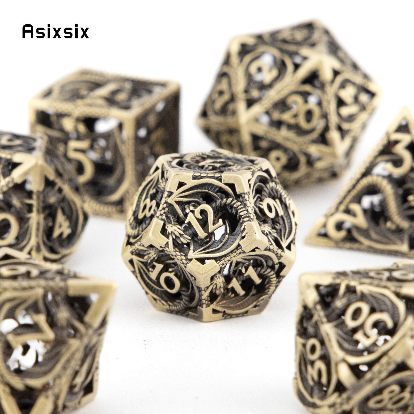7-teiliges goldenes schwarzes Drachen-Metallwürfel-Set, hohles polyedrisches Metallwürfel-Set, geeignet für Rollenspiele, RPG-Brettspiele, Kartenspiele
