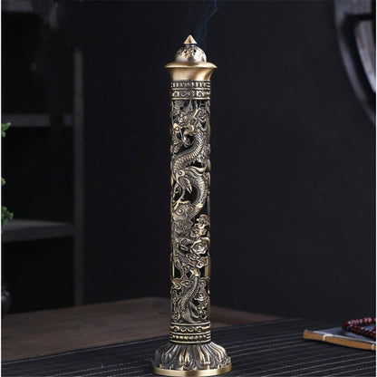 Incense Burner Retro Vertical Relief Craft Hollow Carving Dragon Phoenix Pillar Spice Incense Holder Office Home Accessories