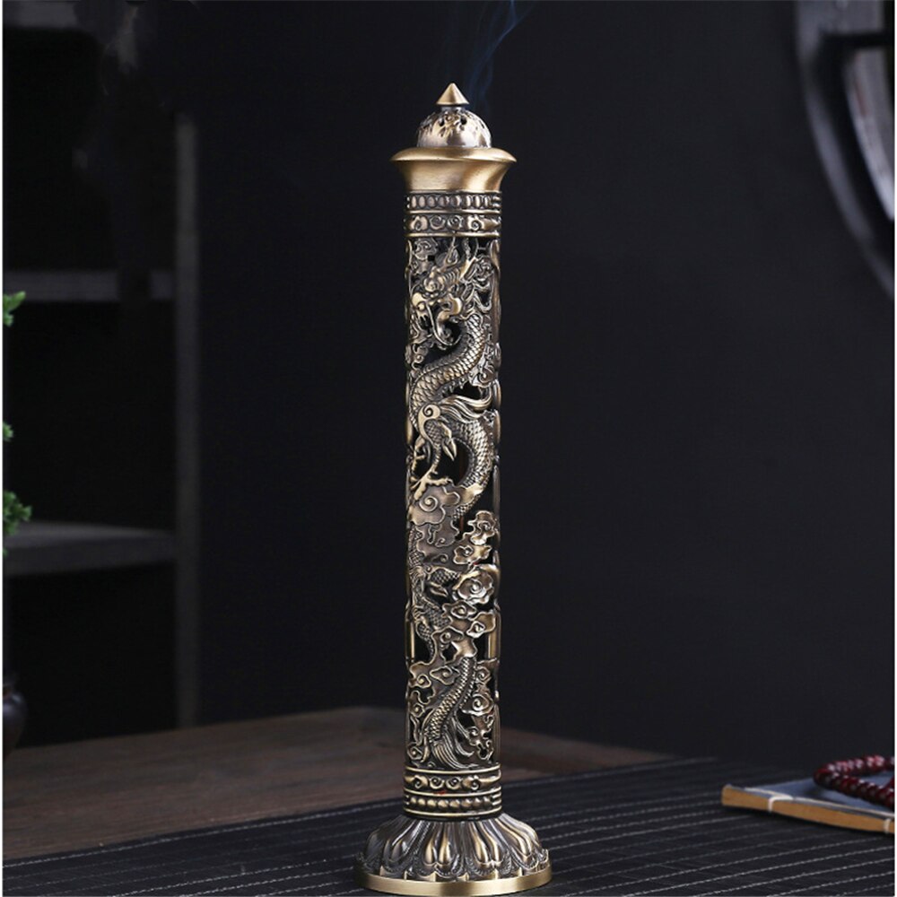 Røkelse Burner Retro Vertical Relief Craft Hollow Carving Dragon Phoenix Pillar Spice Incense Holder Office Hjem tilbehør