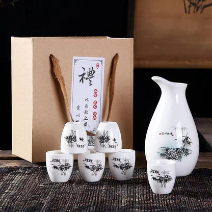 7Pcs/Set Ceramics Sake Pot Cups Set Japan Vintage Flagon Hip Flasks Bamboo Liquor Cup Home Kitchen Drinkware Gifts Barware 250ml