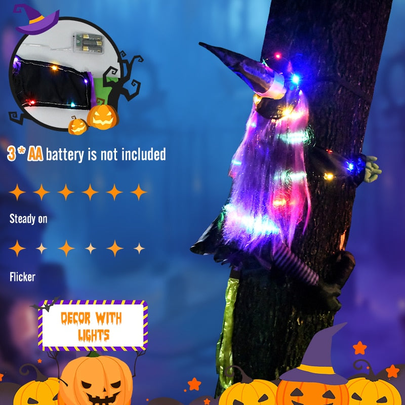 2 modus Halloween Crashing Witch Into Tree Decoration Halloween Light Up Hanging Dekorasjoner med glødende lysende advarselsskilt