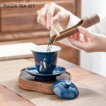 Blauwe keramische Gaiwan Tea Cup draagbare boetiek Persoonlijke theekom met deksel grote handgrabbelende kom huishoudelijke theeset accessoires