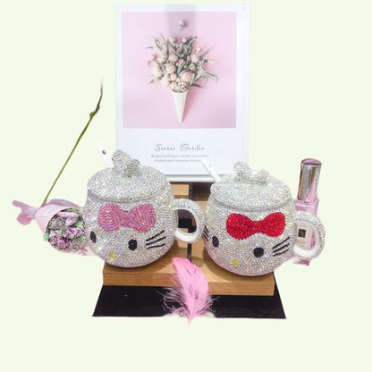 Taza creativa linda gato diamante con incrustaciones de cerámica de café de lujo
