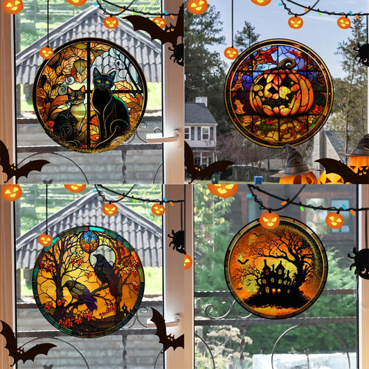 Halloween Stained Colorful Horror Castle Cat Static PVC Window Glass Stickers Glue Free Decorative Film Party Home Decoration