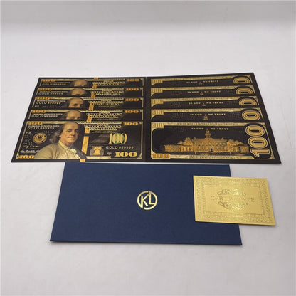 10ks/Lot USA 100 dolaru zlatý fólie Platsic Banknote Bill Spojené státy americké s obálkou pro dárky