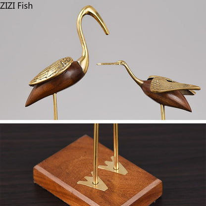 Golden Fairy Crane Wood Carving Crafts Sculpture Room Aesthetics Furnishings Desk Ornaments Brass Crane Statue Modern Home Decor
