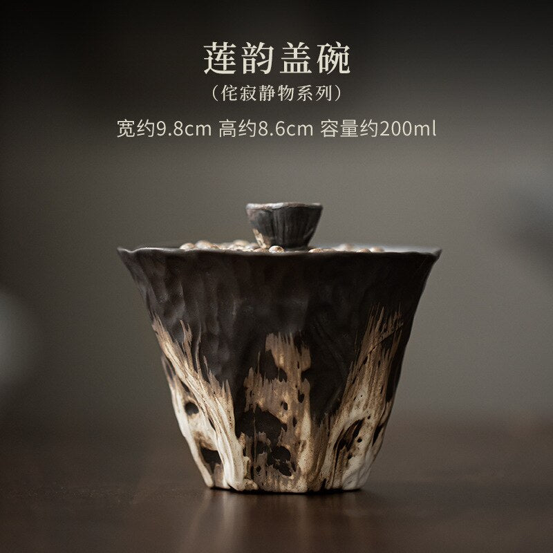 200 ml handgefertigte geprägte Lotus-Keramik-Teeschale im Wabi-Sabi-Stil, abgedeckte Schüssel, grobe Keramik-Teebereiter, Gaiwan-Kung-Fu-Tee-Set, Geschenk