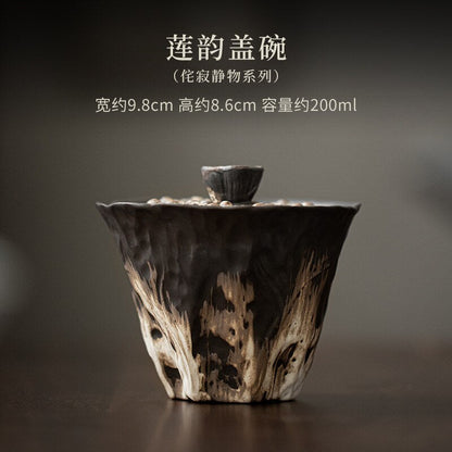 200ml Handmade Embossed Lotus Ceramic Tea TureeWabi Sabi Style Covered Bowl Coarse Pottery Tea Maker Gaiwan Kung Fu Tea Set Gift