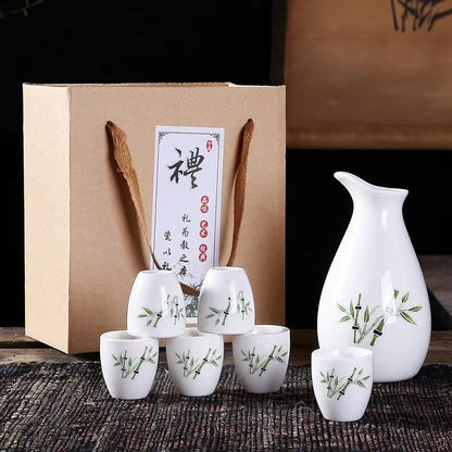 7Pcs/Set Ceramics Sake Pot Cups Set Japan Vintage Flagon Hip Flasks Bamboo Liquor Cup Home Kitchen Drinkware Gifts Barware 250ml
