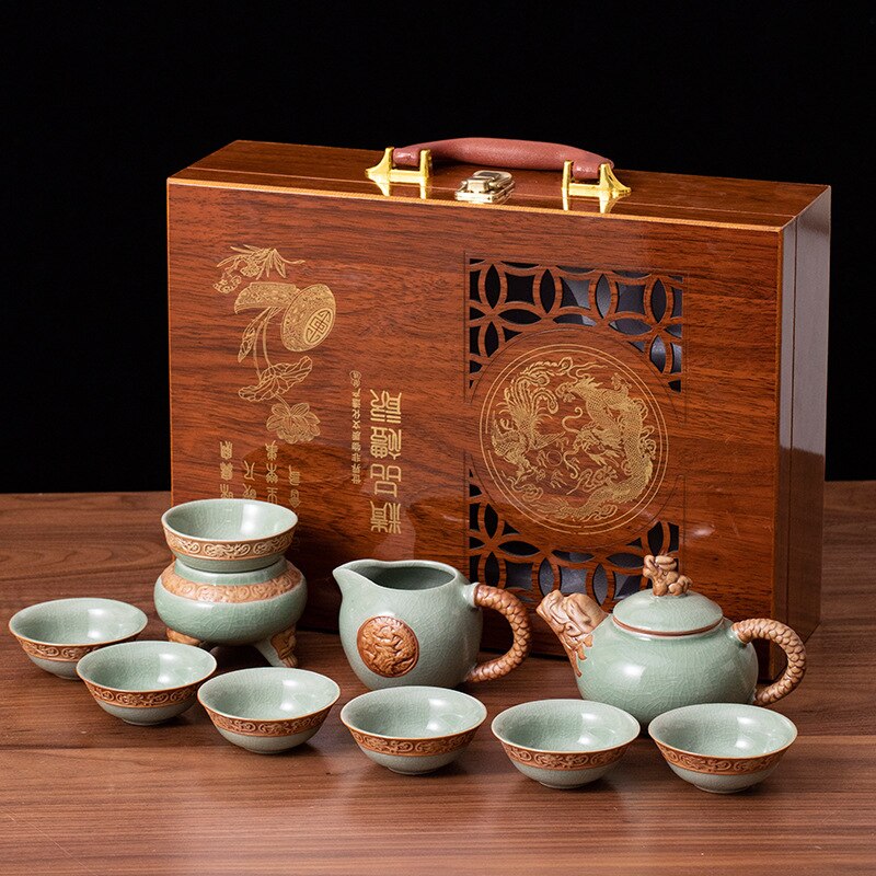 GE KILN TEA SET Lahjapakkaus Teaware Creative Ceramic Relief Dragon Kettle Festival Puinen laatikkosarja Yrityslahjoja Kung Fu Tea Setti
