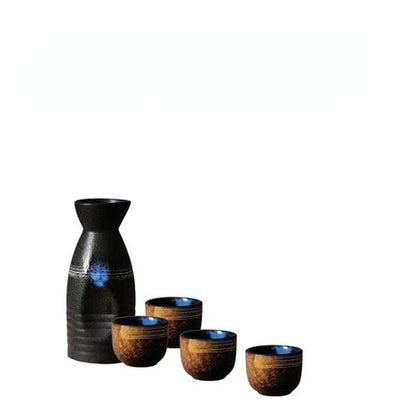 5pcs 레트로 일본 술 세트 세라믹 플래곤 주류 컵 1 냄비 4 컵 홈 바 사케 화이트 와인 냄비 창조적 인 음료웨어 선물