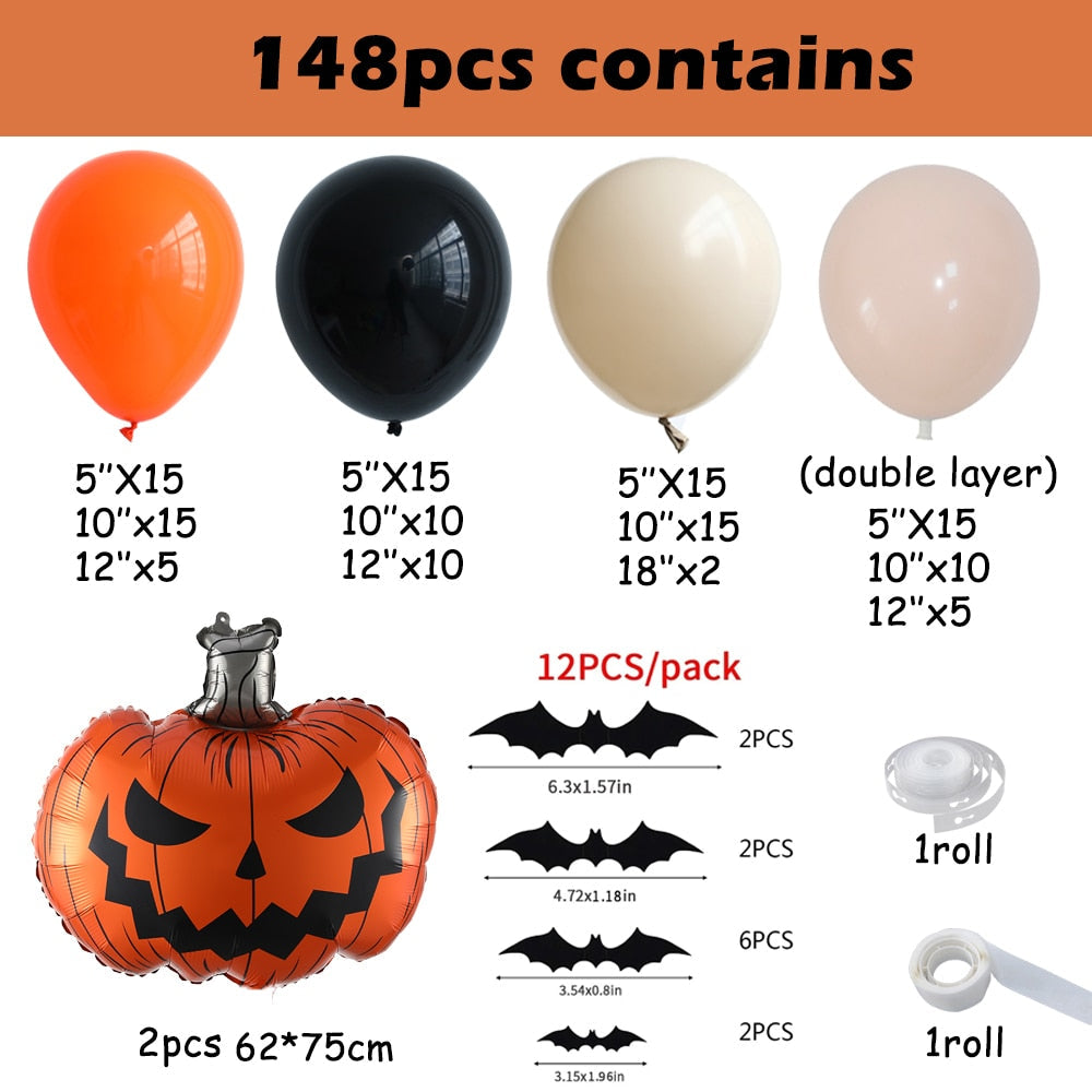 148 pcs Halloween stor græskar ballon Garland sort orange sand Hvide balloner 3d bat klistermærker til Halloween -festdekorationer