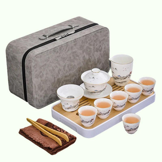 Business Gift Tea Set Sheep Grease Jade Ceramic Teaware Kung Fu Tea Set Travel Bag Tea Tray Tea Towel Tea Clip Set of Tea Set