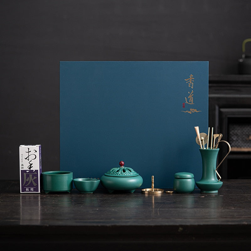 Ensemble d'ustensiles d'encens vert paon de style chinois, outils de sceau d'encens, ustensiles en poudre pressée de cendres, four d'aromathérapie