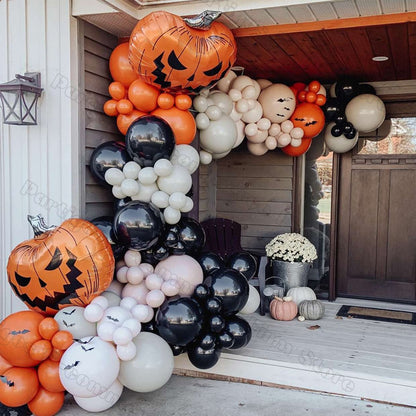 148 Stück große Halloween-Kürbis-Ballongirlande, schwarze, orangefarbene, sandweiße Luftballons, 3D-Fledermaus-Aufkleber für Halloween-Party-Dekorationen 