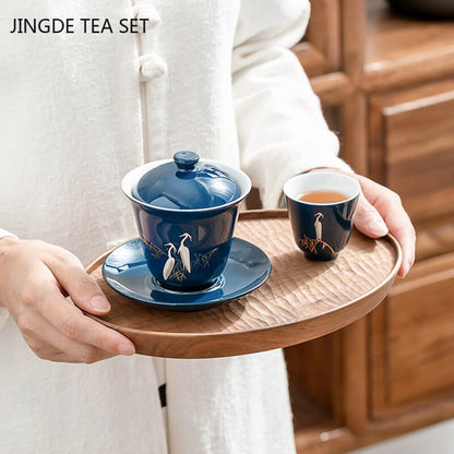Ciapa da tè a tazza da tè Gaiwan in ceramica blu con coperchio Accessori per set da tè per la casa grande ciotola a mano.