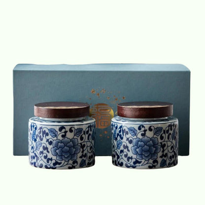 Ceramic Tea Caddy 2 Piece Set Gift Box Wooden Cover Storage Tank Sealed Jar Storage Tank Tea Box Tea Container Candy Jar Tea Can