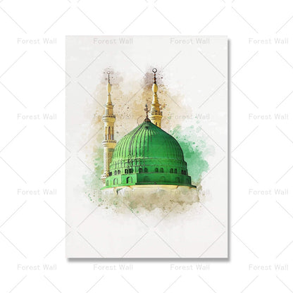 ملصق إسلامي بمنظر طبيعي من القماش مطبوع عليه مسجد الأقصى والكعبة النبوية لوحة فنية جدارية صورة بوهيمية ديكور غرفة المنزل الحديث
