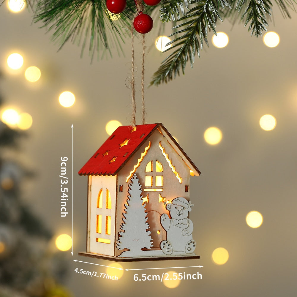 Nueva navidad casa de madera colgante muñeco de nieve elk santa claus oso oso iluminación cabaña de registro brillante suministros de decoración de Navidad