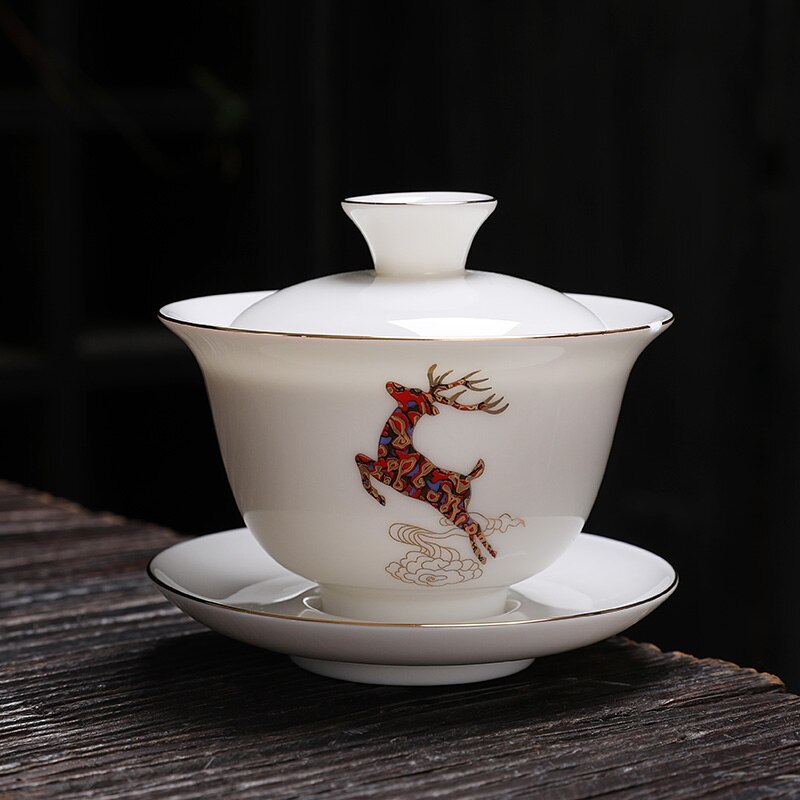 Jingdezhen Ceramic Gaiwan 중국 흰색 도자기 차 그릇 대기업 찻잔 접합 소퍼 세트 홈 티 메이커 티웨어 선물